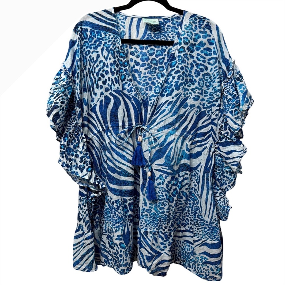 True Destinations Blue Animal Print Cover Up Tunic Ruffle Sleeve Tassel‎ Large